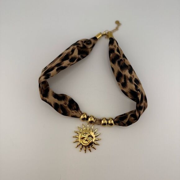 Leopard Print Scarf Necklace with Gold Sun Pendant – Bold, Glamorous & Unique - Picture 9 of 13
